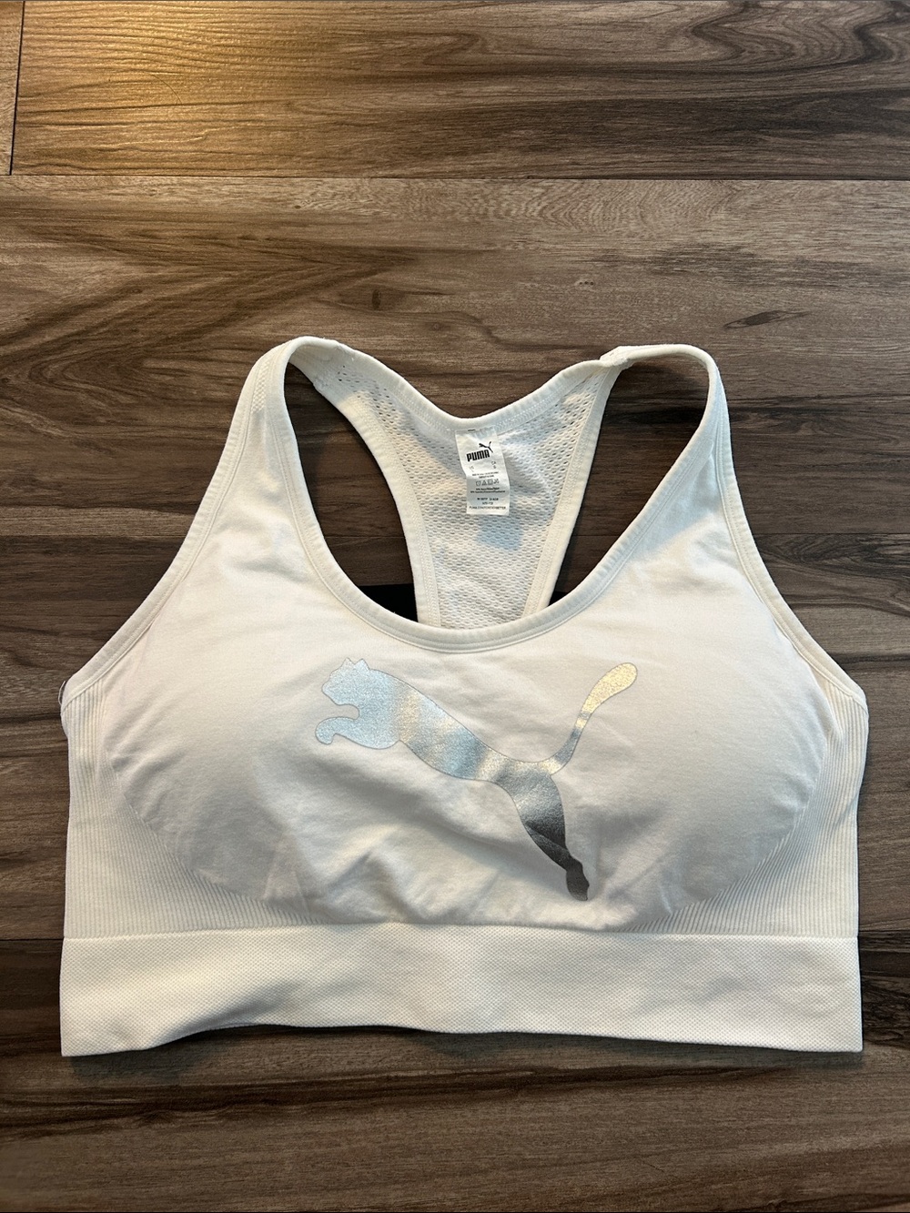 Puma White Racerback Seamless Sports Bra with Metallic Logo